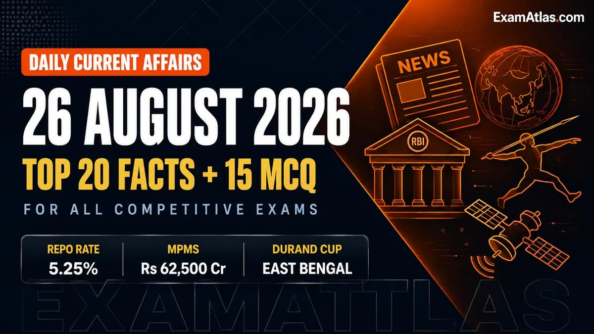 Current Affairs 26 August 2026: Top 20 Facts and 15 MCQs
