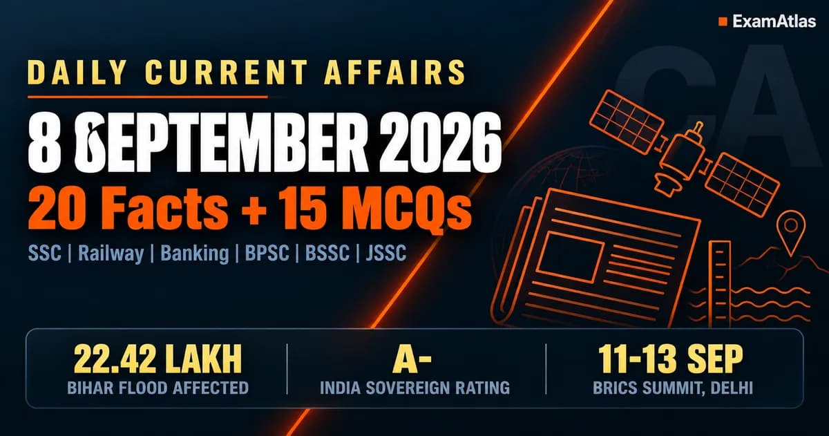 Current Affairs 8 September 2026 daily digest for SSC, Railway, Banking, BPSC, BSSC and JSSC aspirants